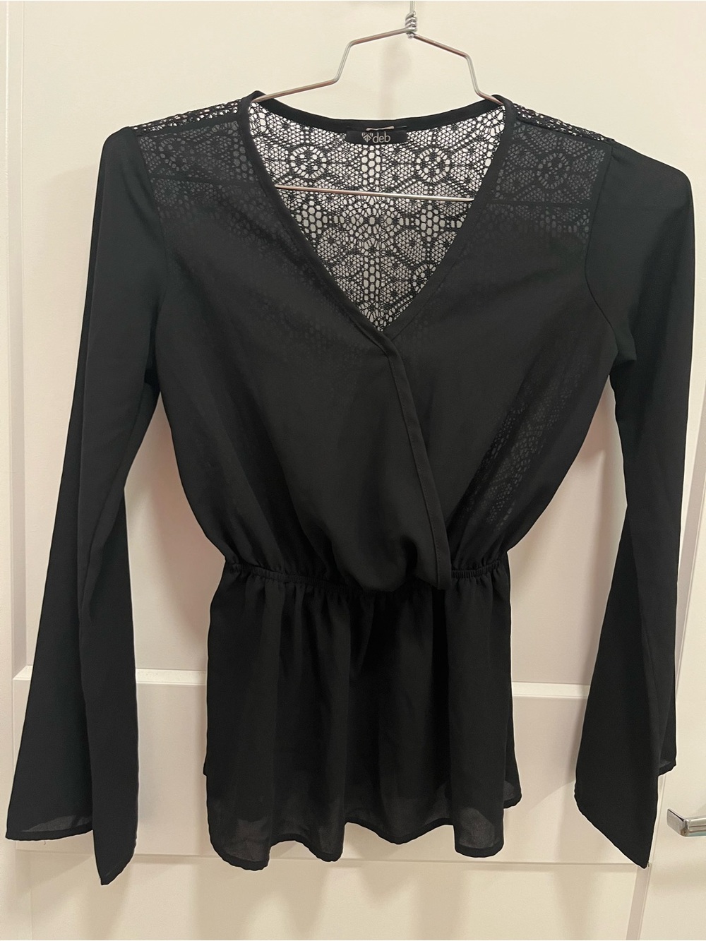 Deb Black Lace-Back Surplice Long Sleeve Blouse